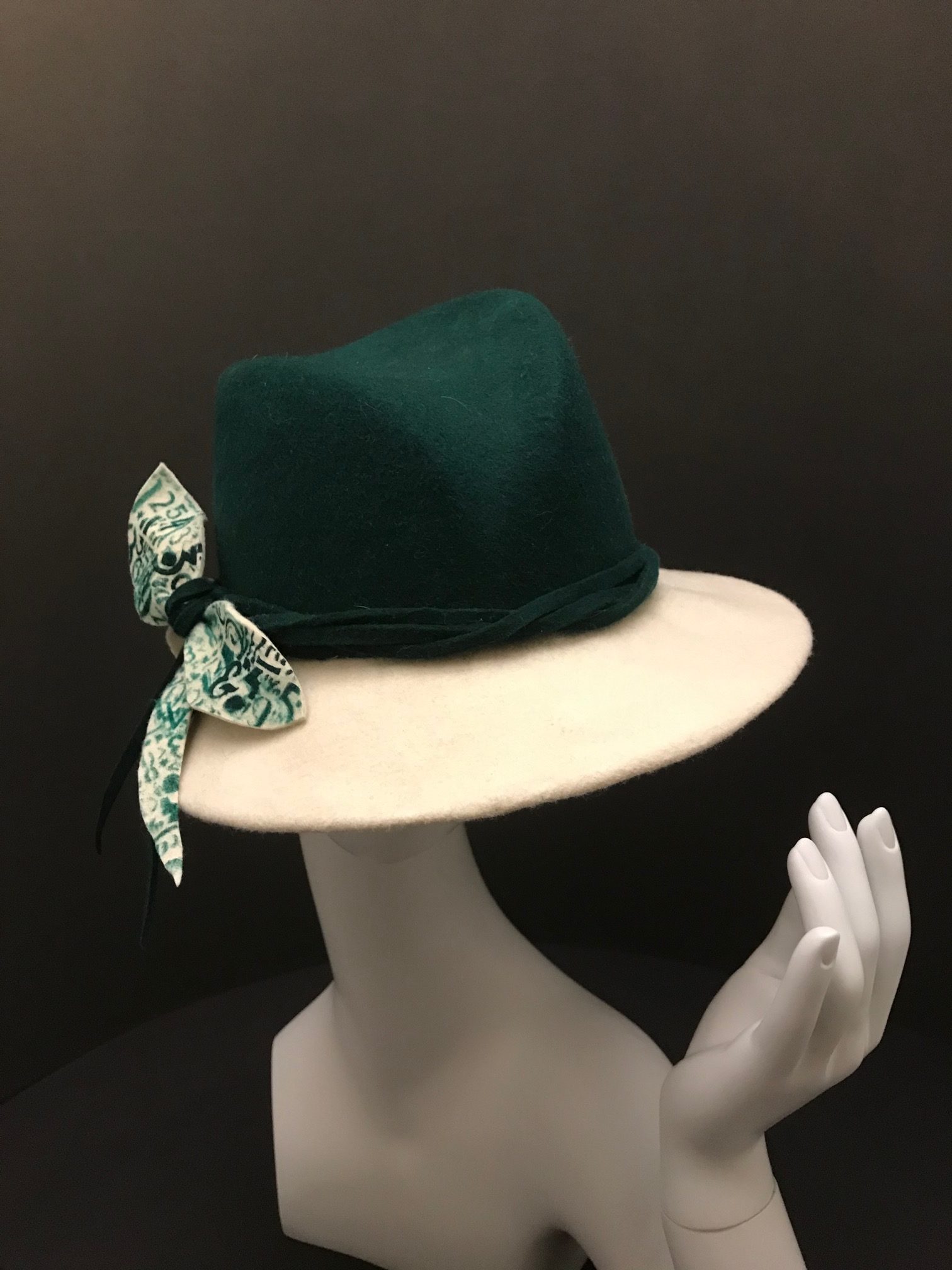 #266. Hand-Painted Olive Green Floral Felt Fedora Hat Olive Green Suffolk Fedora, Bronze Feather - Hicks & Brown main image 2