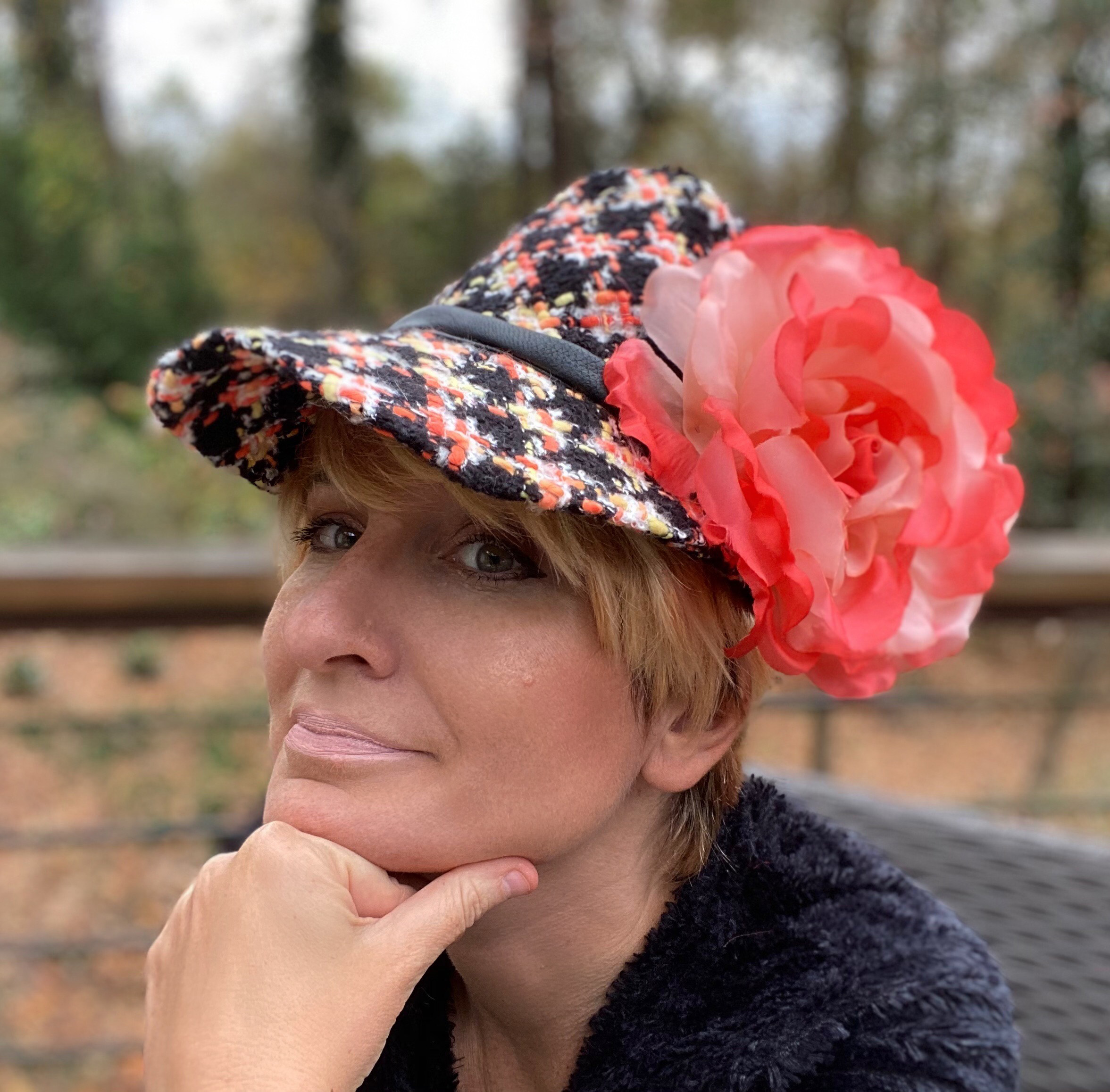 Patrol cap hat with silk flower