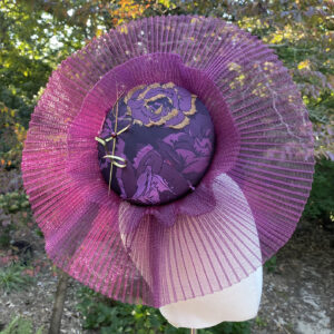 Mulberry and gold brocade derby fascinator
