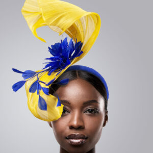 Yellow wave with royal blue fascinator
