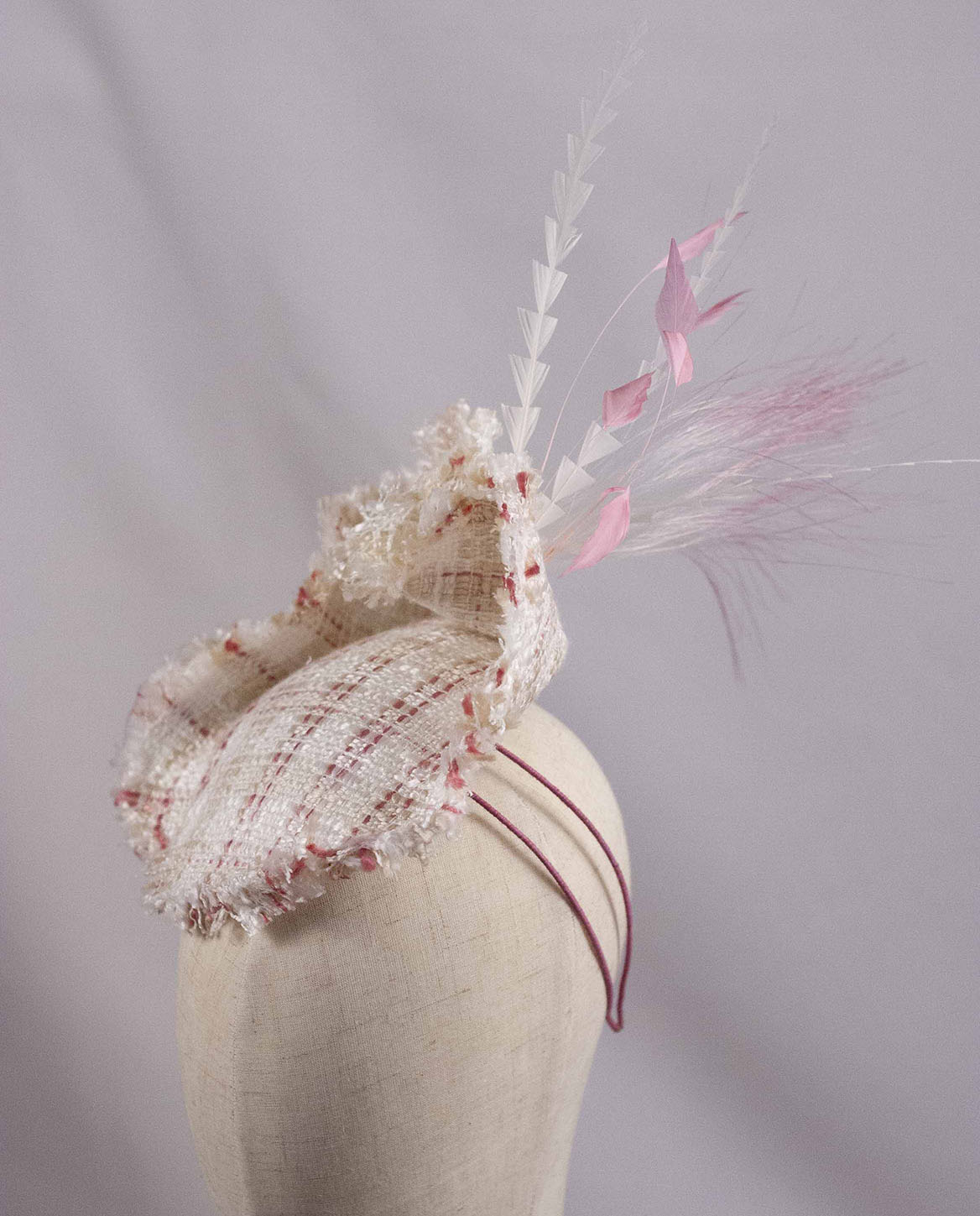 Tweed dream fascinator in cream and pink - Image 3